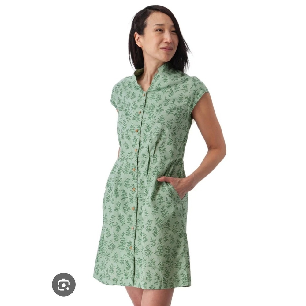 Aventura Organic Cotton Sage Green Leaf Print Button Front Cap Sleeve Dress S